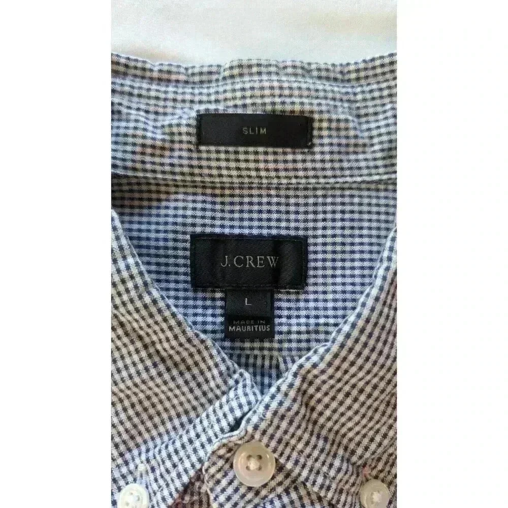 J. CREW Classic Cotton Poplin Dress Shirt in Micro Gingham check blue Large
